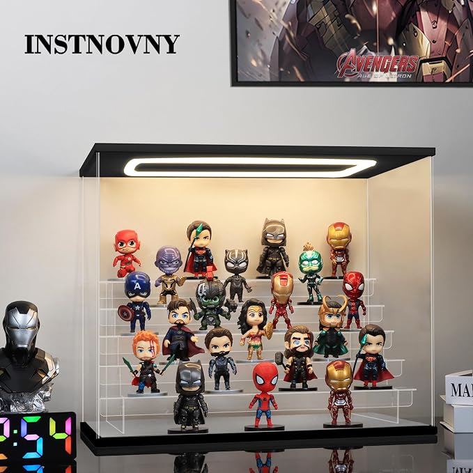 Clear Acrylic Display Case with Light 6 Tier Display Storage Box Assembly Dustproof Showcase for Collectibles Action Figures(Black, 19.1*12.0*15.7inch)