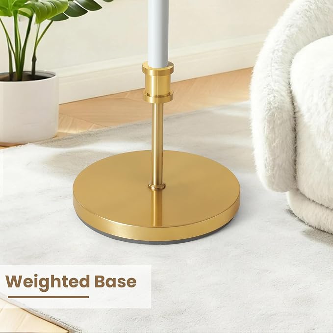 Modern Mid Century Floor Lamp with Soft Linen Shade, 63” Tall White & Brass Standing Lamp, Weighted Base, Warm Ambient Light for Living Room, Bedroom & Reading Corners (White & Gold)