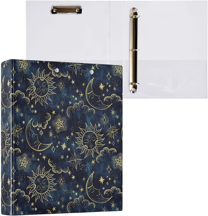 3 Ring Binder Vintage Moon Sun Star Sky 1.5 Inch Three Ring Binder | Cute Binder with 3 Storage Pockets for Women School Office Supplies