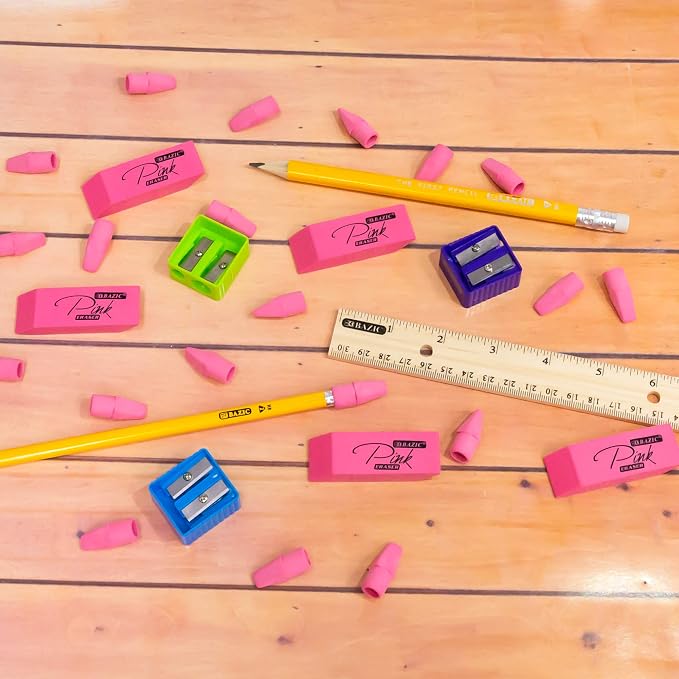 BAZIC Products Pink Eraser, Latex Free Bevel Block Erasers, Large Size for Classroom, Office, and Art Use, Smooth Pencil Correction for Writing, Sketching, & Daily Tasks, 4 Count (Pack of 4)