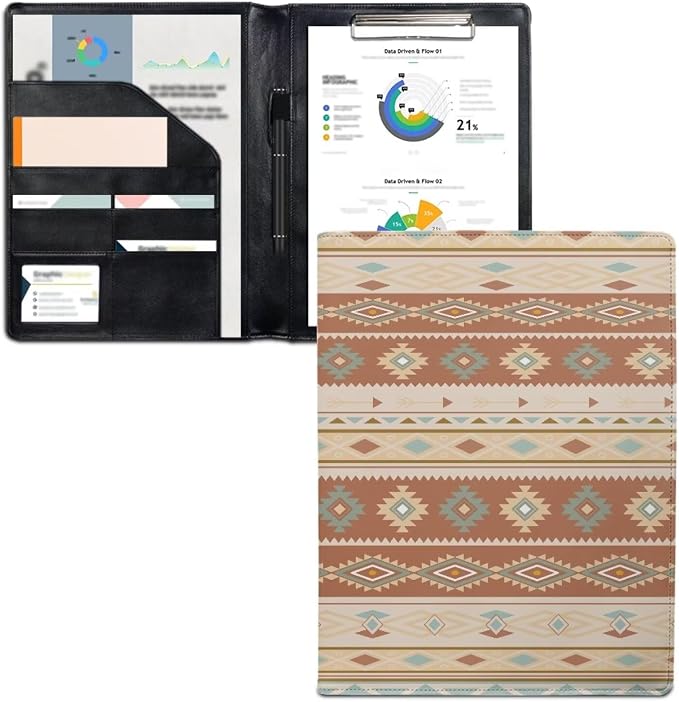 Dreaweet Aztec Padfolio Southwestern Geometric Leather Portfolio Binder Organizer,Folio Notebook with Clipboard for Office,Business,Work,Portfolio Folder for Documents Resume