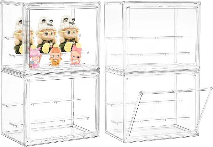 Small 3 Layer Acrylic Display Case Stackable Box for Collectibles,4 Pack | Removable Adjustable Partitions & Magnetic Door,Interlocking Stable Structure Clear Showcase for Collectibles Figure Storage