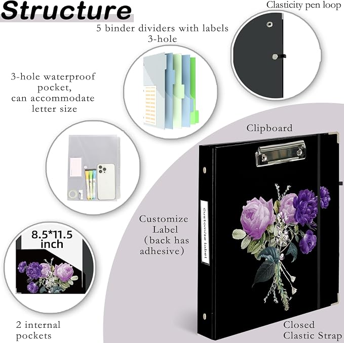 3 Ring Binder 1 inch with Clipboard - Purple Roses Bouquet Design, Includes Dividers, File Bag & Spine Label - Bold and Sophisticated for Office or School, Holographic Waterproof Film