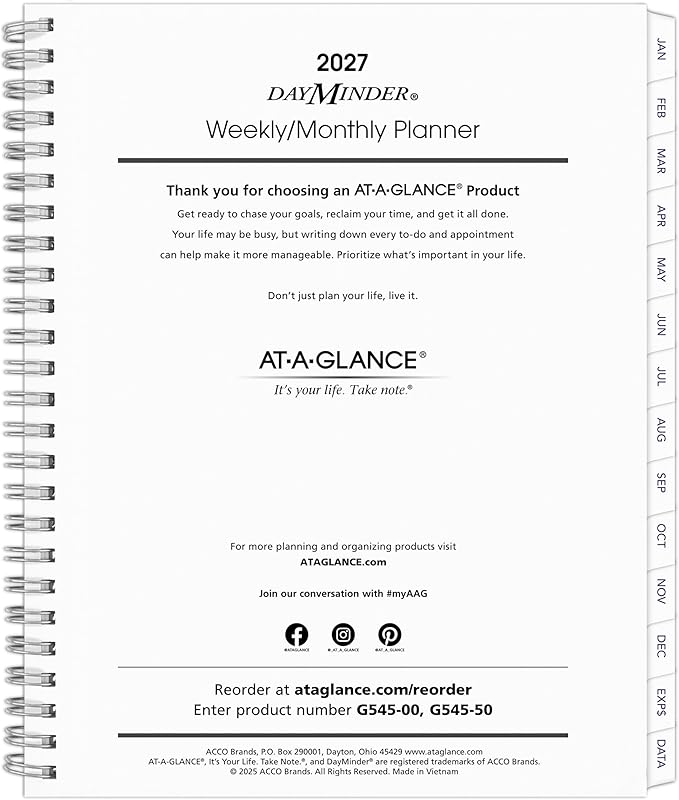 AT-A-GLANCE 2027 Refill for Executive Planner G54500, Weekly & Monthly, 7" x 8.75", DayMinder (G5455027)