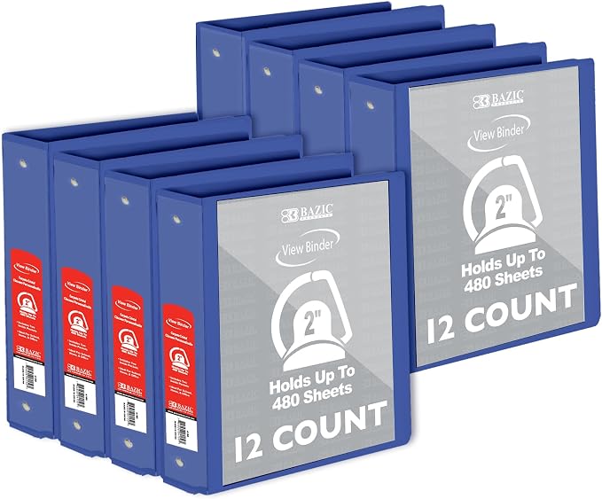 BAZIC Products 2" Blue 3-Ring View Binder, Slant-D Ring, 2 Pockets, 12-Case | 2 inside pockets, 2 in Blue view 3-ring binder, slant-D rings, holds up to 480 sheets, Durable poly cover