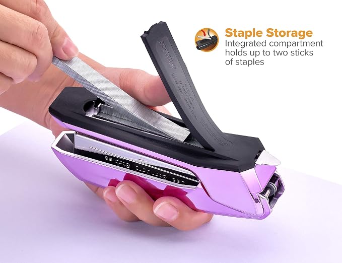 Bostitch Office Ascend 3 in 1 Stapler, 20 Sheet Capacity, Integrated Remover & Staple Storage, 420 Staples Included, Lightweight, Metallic Purple