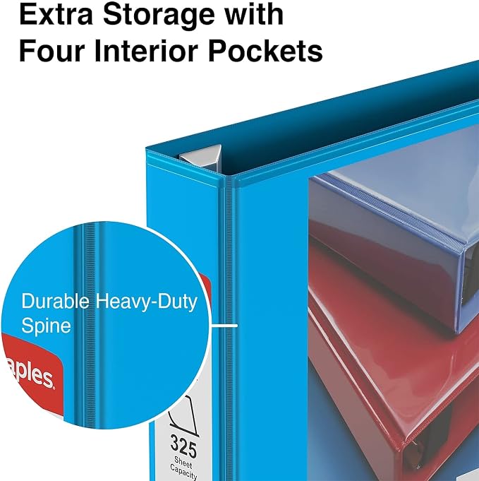Staples Heavy Duty 1.5‑Inch 3‑Ring View Binder, Light Blue, Durable D‑Rings, Four Interior Pockets, Clear Overlay for Custom Covers, 3‑Pack