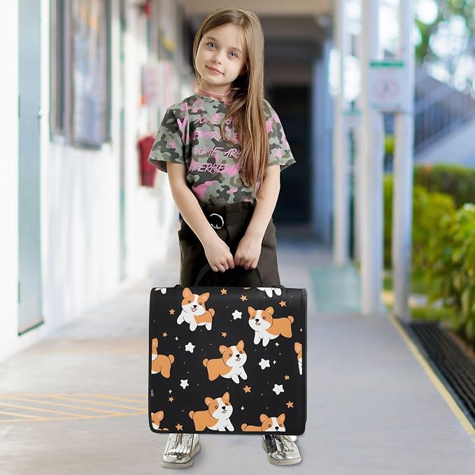 3 Ring Zipper Binder with Shoulder Strap Corgis Dog Star Black 1.5 inch Binders Keeper Large Capacity Multi Pockets for School Office Supplies