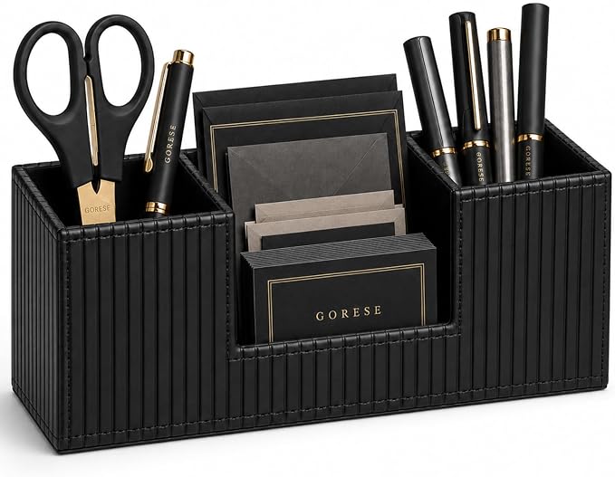 GORESE Pen Holder for Desk, PU Leather Desk Organizer for Office, Black | 4-Compartment, Vegan Leather, Office Supplies, Desk Caddy Nightstand Organizer for Pen, Pencil, Remote Control, Business Card