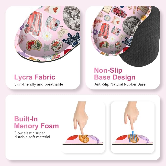 Desk Mat Pad, Gaming Mouse Pad Wrist Support Set, 4 in1 Non-Slip XXL Large Mousepad + Ergonomic Keyboard Wrist Rest+Mouse Wrist Rest+Coaster for Home Office Computer I Pink Colorful Stickers