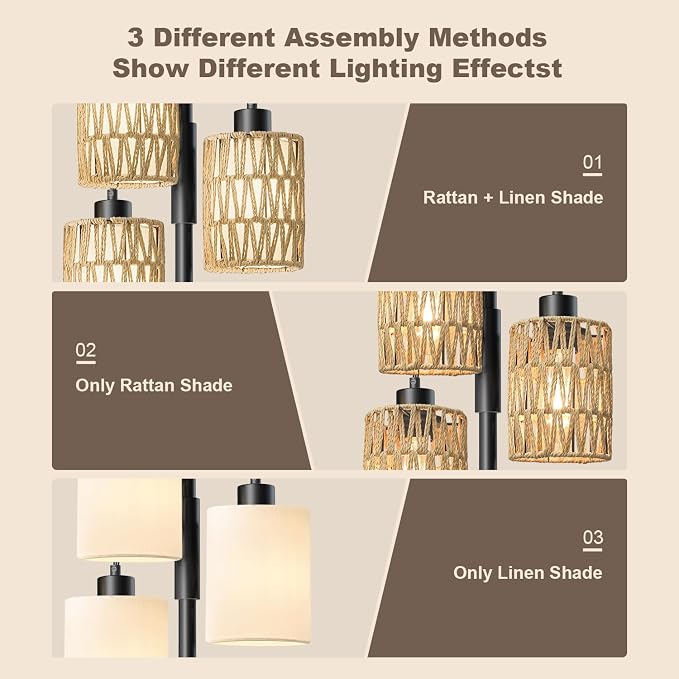 70" Floor Lamps for Living Room, Stepless Dimmable Boho Floor Lamp with 3 Bulbs, Tall Farmhouse Industrial Corner Standing Tree Lamp for Bedroom, Office, Study Room, Rattan with Linen Shade