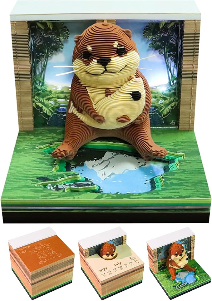 3D Time Piece Calendar, 2027 Desk Calendar With LED Light, 3d Tree Memo Pad Creative Desk Calendar, Christmas Gift for Colleague Friend, Desktop Decoration(Sea Otter)