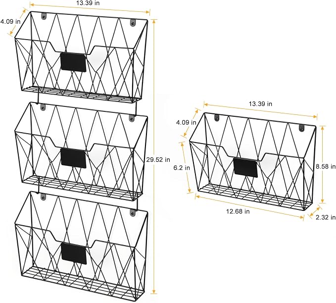 Wall File Organizer, 3 Pack Metal Wall Basket File Holder for Home Office | Vertical Hanging File Organizer, Mail Organizer Wall Mounted Magazine with Label Slot & Hooks, Sorts paper, Mails & Supplies