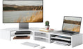 Fenge Dual Monitor Stand with Storage, Corner Desk Shelf for Top of Desk | Wooden Monitor Riser with Drawer and Slide-Out Tray, 2 Tier Storage, for Home Office, Computer, Laptop, Printer
