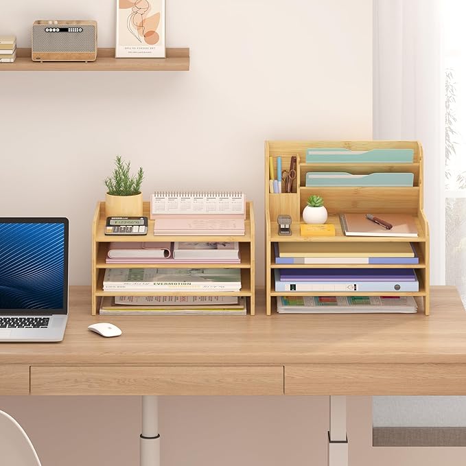 Wisuce Essentials Bamboo Desk Organizer Mail Holder Countertop Letter Tray File Organizer for Desk Letter Sorter Paper File Storage for School Home Office Supplies
