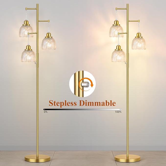 ROTTOGOON Dimmable Gold Floor Lamps for Living Room, Vintage Tree Standing Lamp with Glass Shades, 3 Light Mid Century Flower Floor Lamps for Bedroom, Office, 6W, Brushed Gold & Clear Shades