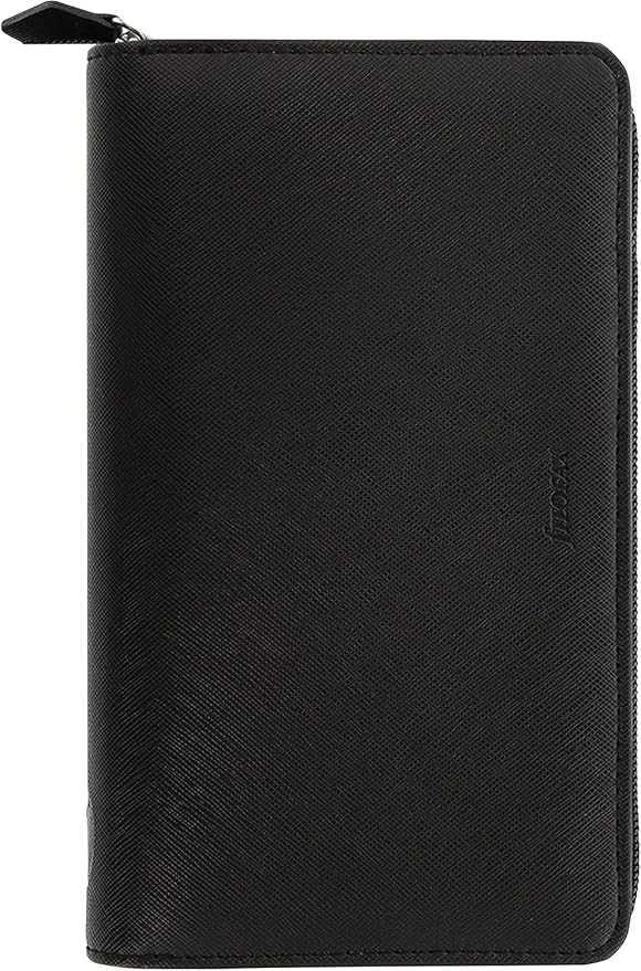 Filofax Saffiano Zip Organizer, Personal Compact Size, Black - Cross-Grain, Leather-Look, Six Rings, Two-Weeks-to-View Insert, English (C028775)