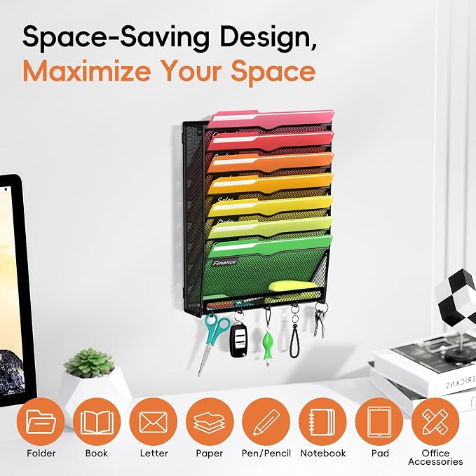 2Pack 8-Tier Wall File Organizer with Hook, Hanging File Organizer Black | Wall-mounted mail storage holds papers, folders, files, clipboards and magazines, assembly required for office or home use.