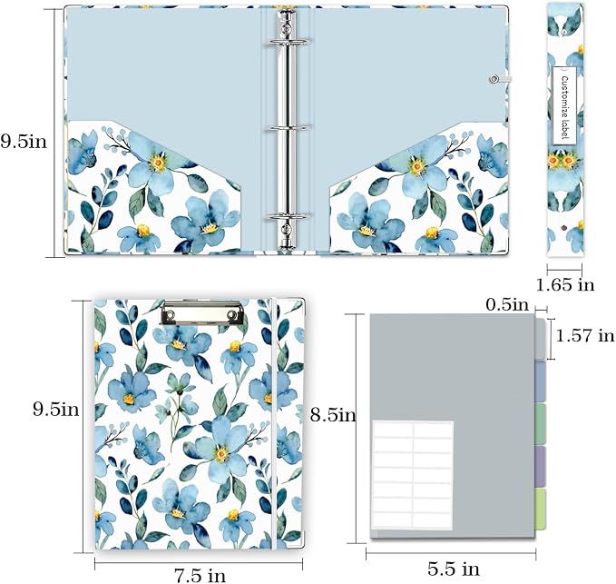 Mini Binder Organizer for 5.5" x 8.5" Paper ，1 Inch 3 Ring Binder with Clipboard, 5-Tabs Pockets Dividers, Plastic Folder, 18 Divider Stikers, Pen Loop (Blue Flora, Half Letter Size)