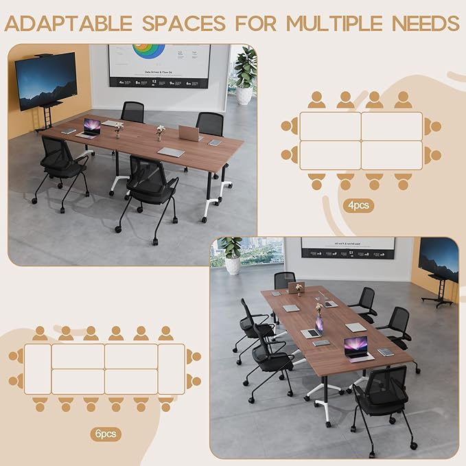 Folding Conference Table 4ft 5ft, Foldable Office Meeting Desk for 6 People, Multiple Sizes Colors Mobile Conference Room Table for Training Room School Business Furniture (6, Walnut, 47in)
