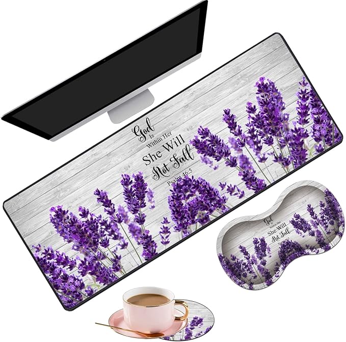 Large Gaming Mouse Pad 31.5x11.8 Inch Keyboard Pad + Ergonomic Wrist Rest Pad and Coaster with Non-Slip 3-Piece Desk Supplies Set, Bible Psalm 46:5 Lavender Design for Gamers/Office/Study