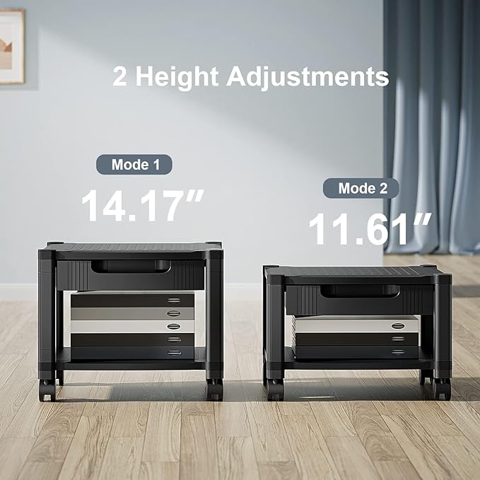 HUANUO Printer Stand with Cable Management and Storage Drawer, Printer Table with Locking Wheels, 14.1-inch Maximum Height Printer Cart for Under Desk, Home, Office, HNDPS | Cable management, 17.2 x 13.2 inch top shelf, adjustable height, 38.5 lbs capa...
