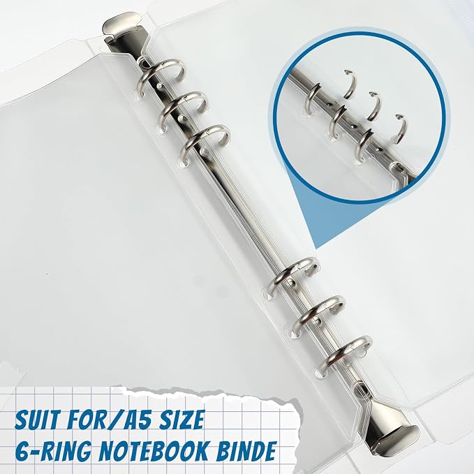 Zonon 30 Pcs A5 6 Rings Tansparent Zipper Binder Pouches Clear Binder Pockets with Zipper Folders Waterproof PVC Loose Leaf Bags Filling Bags for Pen Pencil Notebooks File Document