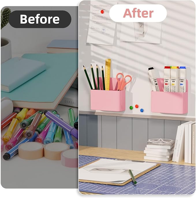Mabrasse 2p Magnetic Dry Erase Marker Holder,Pen and Eraser Holder for Whiteboard, Magnet Pencil Cup Utility Storage Organizer for Office, Refrigerator, Locker and Metal Cabinets（Pink）