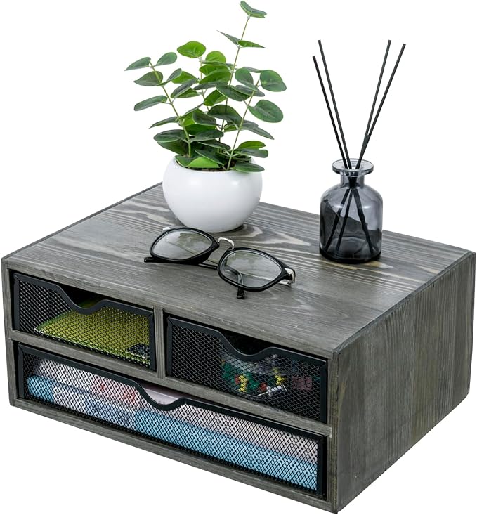 MyGift Vintage Weathered Gray Solid Wood Desktop Organizer Box with 3 Removable Black Metal Mesh Trays, Office Desk Supplies Storage Drawers for Accessories