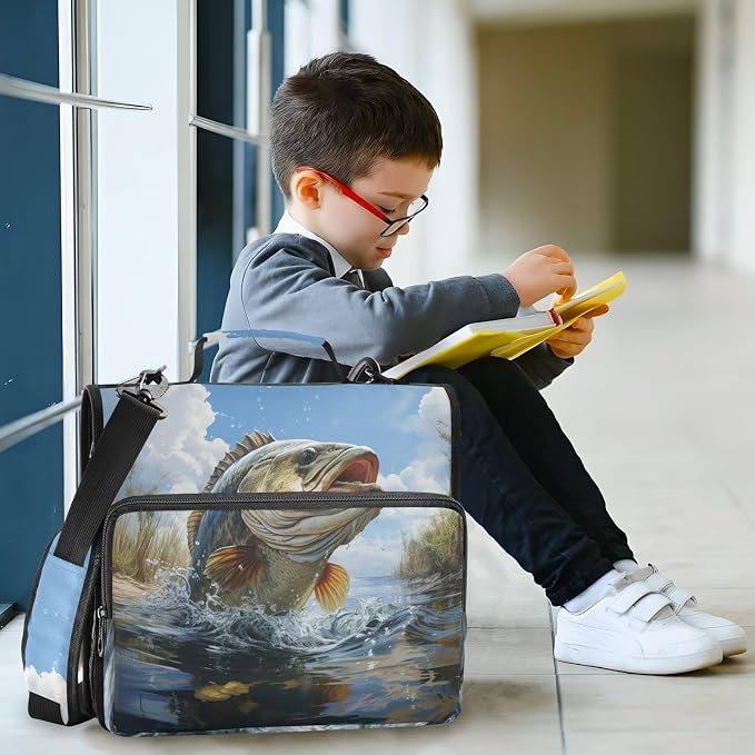Bass Fish Binder Bag 3 Ring Zipper with Handle Shoulder Strap | for School Work Office Organizer Storage Case
