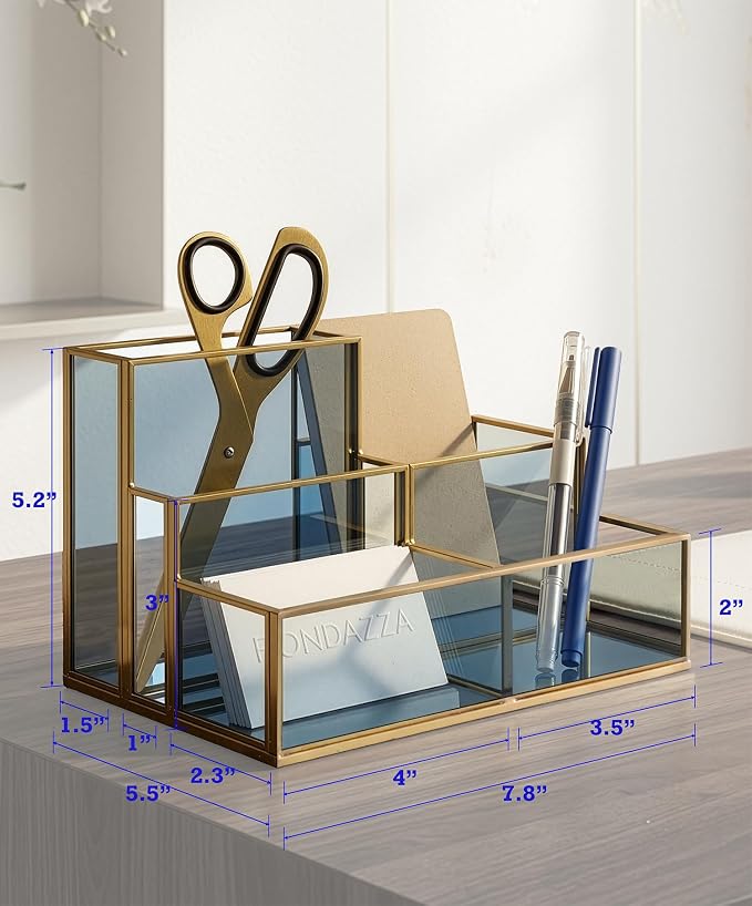 5-Compartment Desk Organizer for Home Office Supplies, Gold Brass with Blue Glass, Workspace Storage for Stationery, Cosmetic, Makeup Tools and Brush.