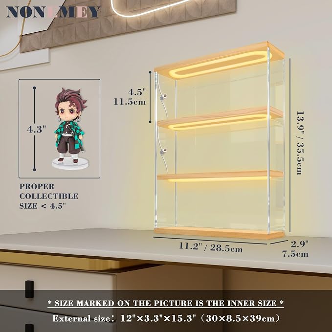 NONEMEY Clear Acrylic Display Case Stand with with Light, 3 Tier Storage Box Wall Mount Showcase Dustproof Organizer Box for Collectibles (Wood 3Tier 12×3.3×15.3inch)