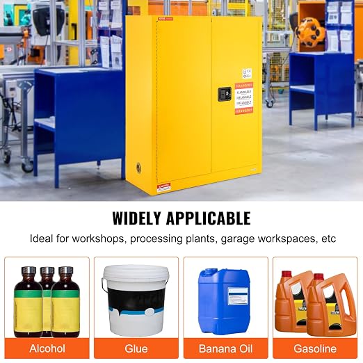VEVOR Flammable Cabinet 18" x 43" x 50", Cold-Rolled Steel Flammable Liquid Storage Cabinet 34 Gal with 2 Adjustable Shelves/2 Manual Closing Doors for Industrial Use, Yellow | For Industrial Use, Cold-Rolled Steel, 34 Gal, with 2 Adjustable Shelves, 2...