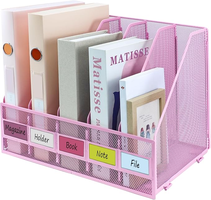 Desk Organizers, Metal Magazine File Holder with 5 Vertical Compartments Rack Binder File Organizer for Office Supplies, Home Workspace - Pink