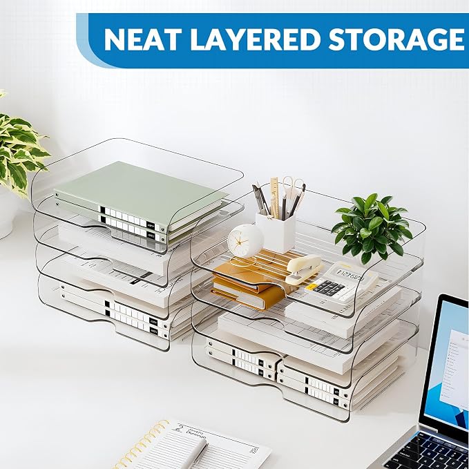 4-Tier Horizontal Acrylic Paper Organizer for A4/Letter Documents | Large Capacity Acrylic File Organizer for Notebooks & Stationery, Sturdy Desk Accessory Suitable for Office, Home and Study