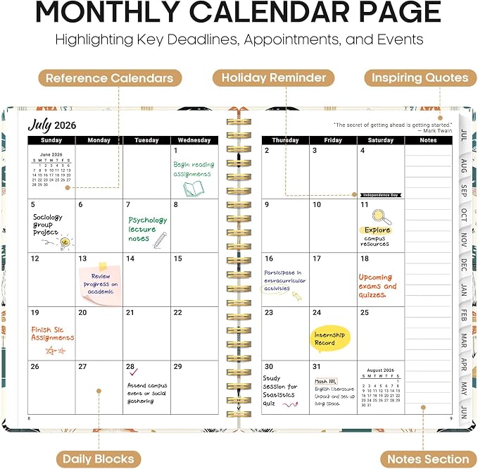 Taja Planner 2026-2027, Jul 2026-Jun 2027 Monthly & Weekly Calendar Planner | 6.3" x 8.5", Hardcover Academic Calendar, Teacher Student Agenda Book with Tabs, School Office Supplies, Mushrooms Grove
