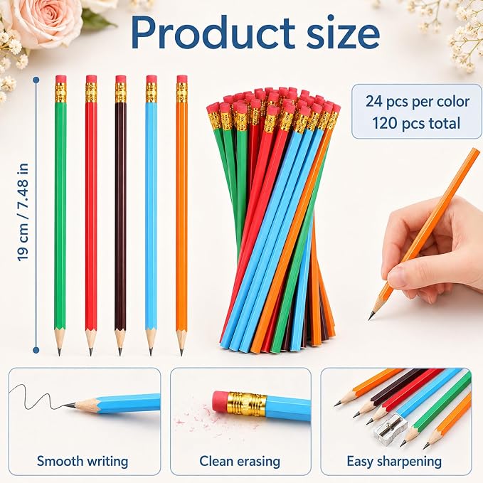 120Pcs #2 Pencils with Eraser, 7.48" Unsharpened Colorful Wooden Pencil, Hexagonal Rainbow Pencils Bulk for Adults Home Office Sketching Supplies