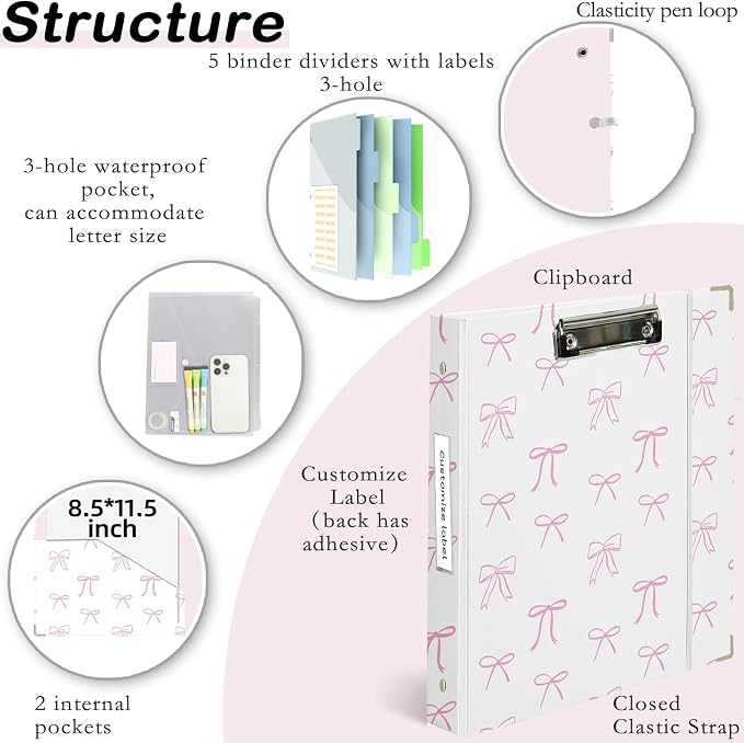3 Ring Binder 1 inch with Clipboard - White & Pink Bow Design, Includes Dividers, File Bag & Spine Label - Classic and Elegant for School or Work, Holographic Waterproof Film