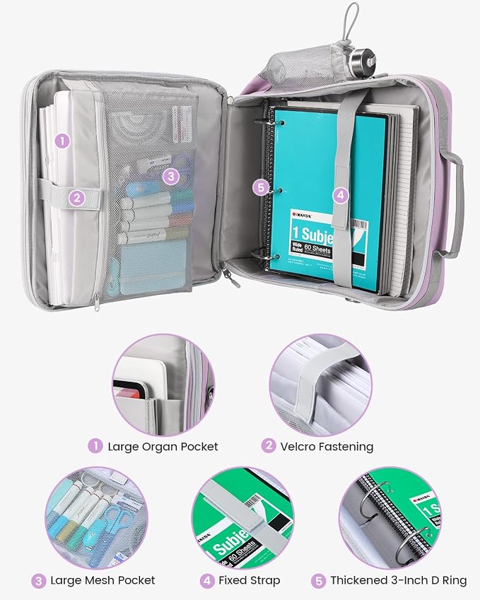 Zipper Binder 3 Inch D-Ring 3 Ring with Water Bottle Holder | Binder with Strap for School/Office, 700 Sheet Capacity-Multiple Pockets, Fit for 13" Tablet/Laptop, Purple