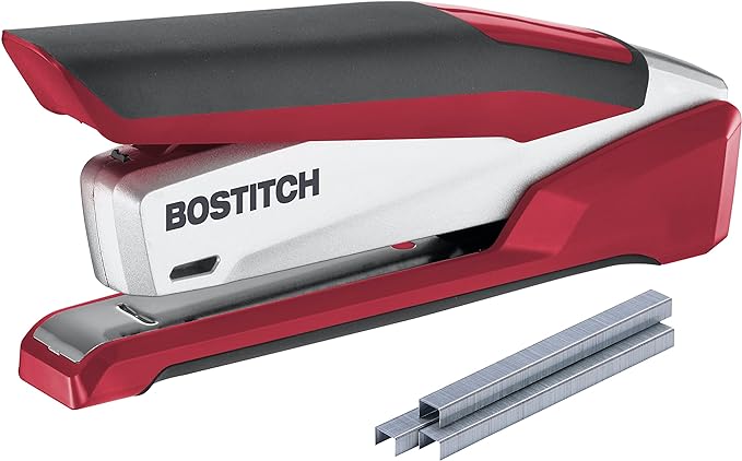 Bostitch Office InPower Spring-Powered Premium Desktop Stapler - One Finger, No Effort, Red/Silver (1117)