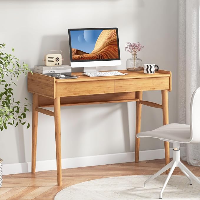 GIANTEX Computer Desk, 39.5" Bamboo Home Office Desk with 2 Storage Drawers and Open Shelf, Makeup Table Vanity Desk, Modern Writing Desk Computer Workstation for Bedroom, Study, Natural