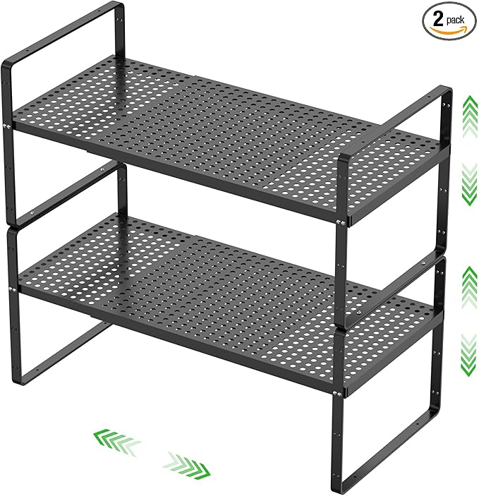 SOFRON Expandable Cabinet Storage Shelf Stackable Organizer Rack for Kitchen Bathroom Pantry Spice Cupboard Coffee Countertop Home Office Desk Heavy Duty Nonslip Black Large 2 Packs