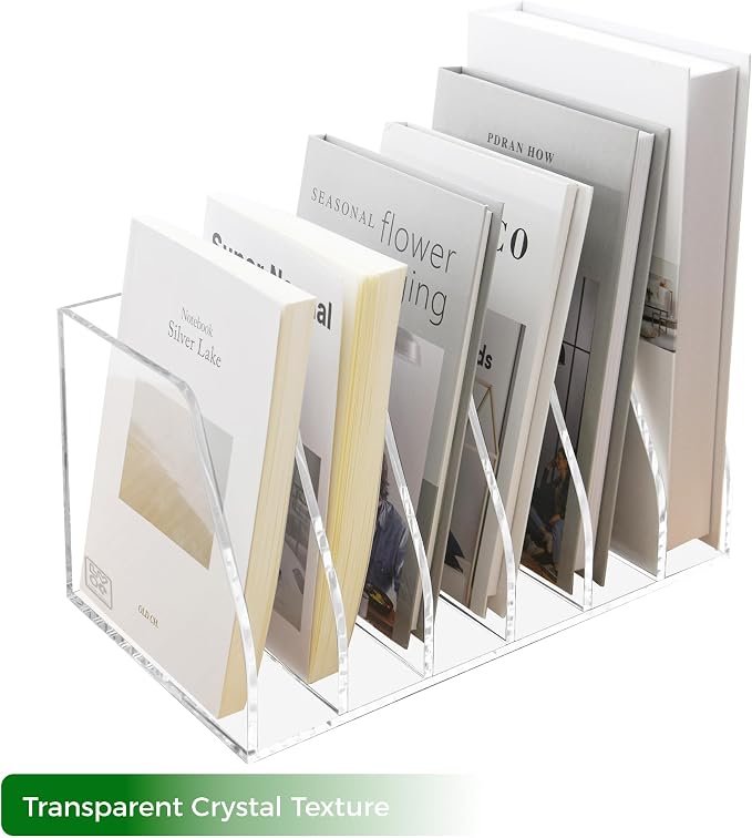 Lovemolly Acrylic Magazine File Holder – 6-Slot Clear Desk Organizer, Vertical Document Sorter for Office, Home & Classroom, No-Assembly Tabletop Rack for Folders, Books & Tablets, 7.09x12.01x6.3 in