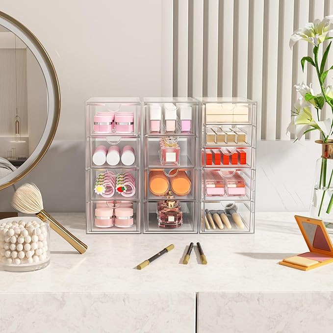 ARSTPEOE Acrylic 13-Drawer Storage & Makeup Organizer for Desk, Bath | Smooth-glide drawers, clear acrylic, stackable, dustproof, wipe-clean, for eyeliners, lip liners, markers, push pins,pen