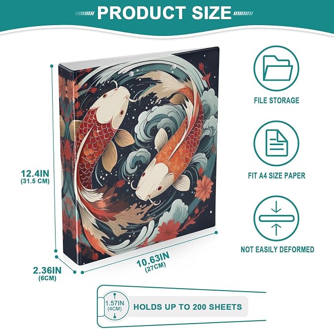 SPRIPORT Fish Chinese Style 1.5 Inch 3 Ring Binder Holds 200 Sheets for Office Supplies Durable PVC Round Ring Binder with Interior Clear Pockets 3 Ring Notebook Binder for Home Work Woman Man