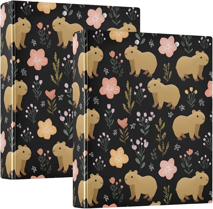 Capybara with Flowers Round Ring Binder for Recipe Budge Storage Organizer, Printed D Ring 1.5 Inch Binders for Office Work School Aesthetic Binder with Clear Pocket Non-Slip Clip