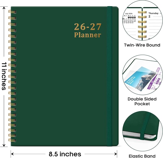 Taja Planner 2026-2027, 8.5" x 11" Calendar Planner, Jul 2026-Jun 2027 | A4 Hardcover Weekly & Monthly Academic Planner, Large Planning Agenda With Tabs, School & Office Supplies, Dark Green