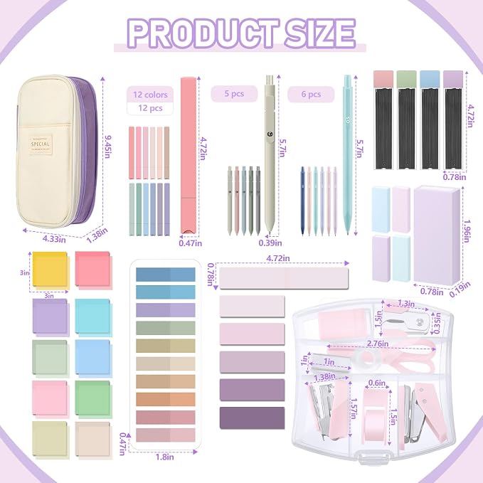 Sinload 60 Pcs Aesthetic Book Annotation Kit School Supplies Cute Pencil Case Mini Stapler Set 12 Highlighter 5 Gel Pen 6 Pencil 5 Magnetic Bookmark 1220 Sticky Note Student Stationary(Purple)