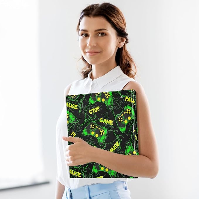 Bright Green Game Controller Gamer Binder 3 Ring 1.5 Inch Binder with Clipboard&Pockets, Hardcover Binders Heavy Duty Large File Folder for Office School Supplies - Holds 200 Sheets,2 PC