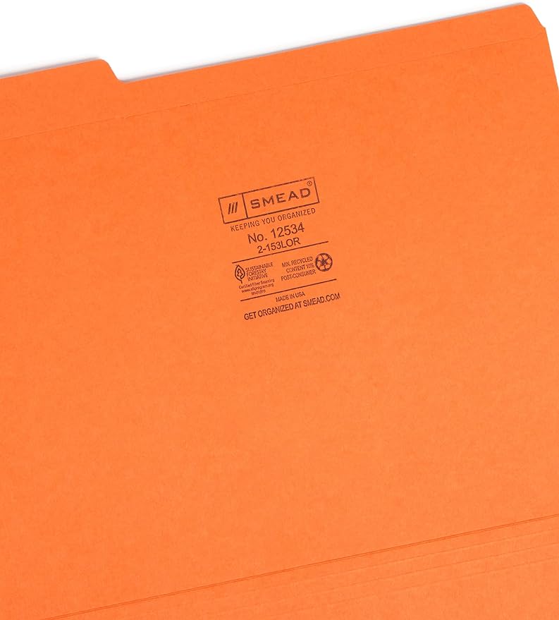 Smead File Folder, Reinforced 1/3-Cut Tab, Letter Size, Orange, 100 per Box (12534)